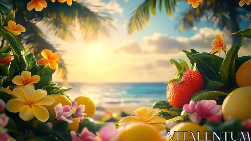 Sunlit tropical fruits and flowers welcome a dreamy beach day