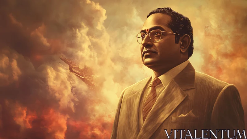 Skybound visionary in sepia suit amid ember clouds.