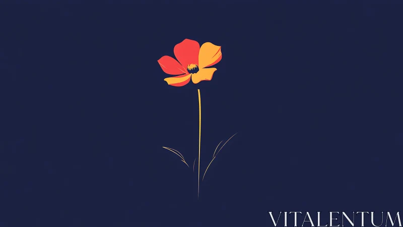 Minimal single red and yellow flower on dark blue field.
