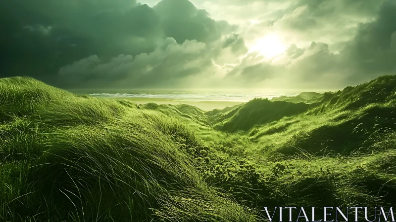 Emerald coastal dunes under stormlit radiant horizon.