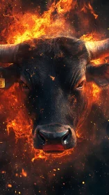 Bull head surrounded by intense flames and sparks.