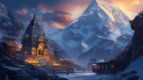 Mountain temple complex stands below a snow-covered peak