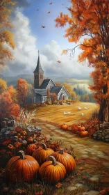 Country church stands behind pumpkins in detailed autumn landscape