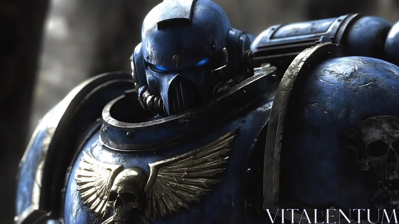 Blue power armored warrior stands in worn tactical gear