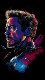 Neon-lit heroic profile portrait with cosmic debris scatter
