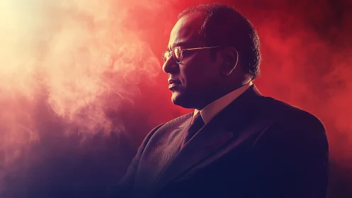 Businessman silhouette framed by dramatic red studio smoke