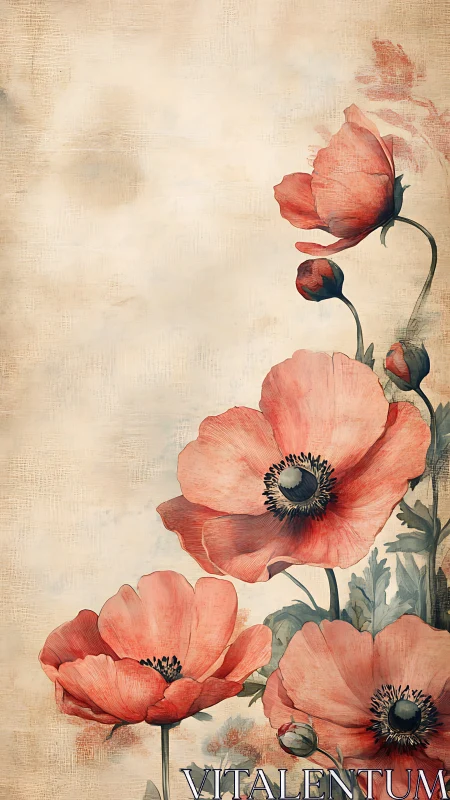 Watercolor poppy study on textured vintage parchment ground.