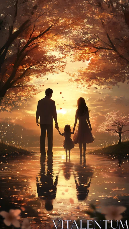 Silhouetted Family Wading Through Golden Autumn's Luminous Promise
