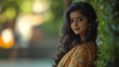 Portrait image shows woman in floral attire leaning by foliage