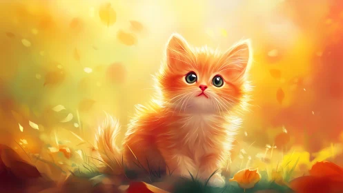 Luminous Kitten Portrait with Golden Bokeh and Autumn Foliage Ambiance