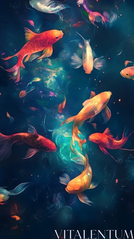 Colorful koi fish rendered in deep blue digital water scene.