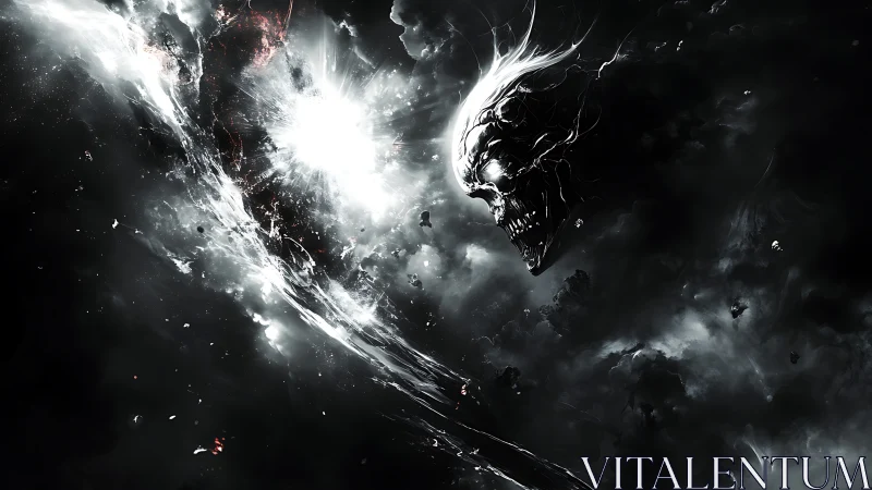 Cosmic wraith skull devouring exploding starfield storm.