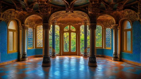 Art Nouveau colonnade frames luminous mosaic garden view.