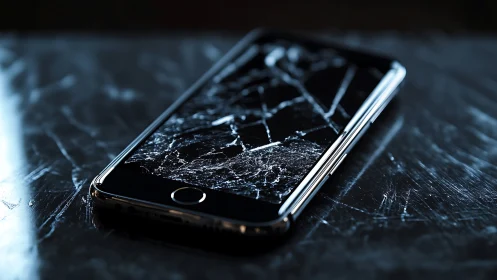 Fractured smartphone glass with high-contrast reflective detailing.