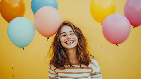 Portrait Subject with Gradient Balloon Array Against Solid Background.