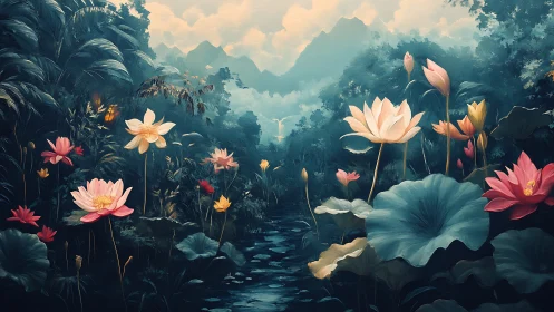 Mystic lotus valley with atmospheric depth and pastel blooms.