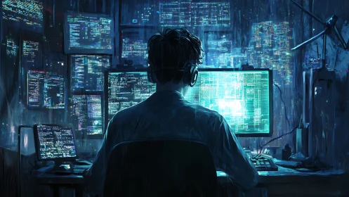 Solitary cybersecurity analyst at neon-lit multi-monitor rig