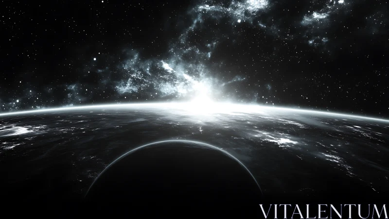 Distant star rising beyond planetary horizon in space.