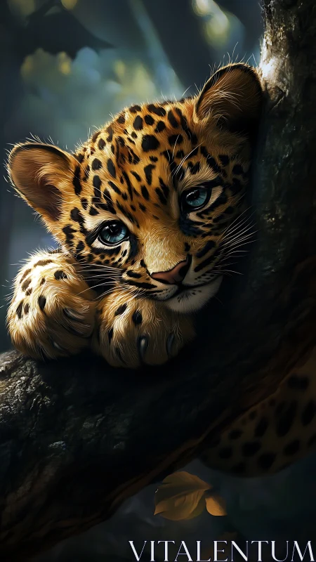 Digital painting study of resting leopard cub on forest bough.