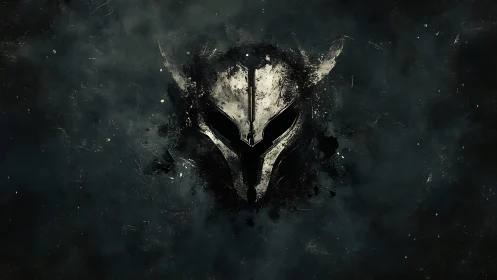 Metallic warrior helmet emerging from dark grunge void.
