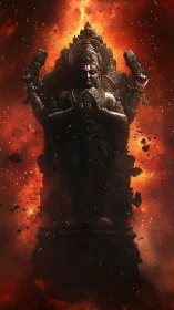 Fiery divine statue rises in glowing embers and quiet power