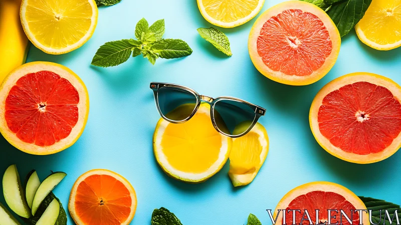 Sunglasses rest among assorted citrus halves on blue surface