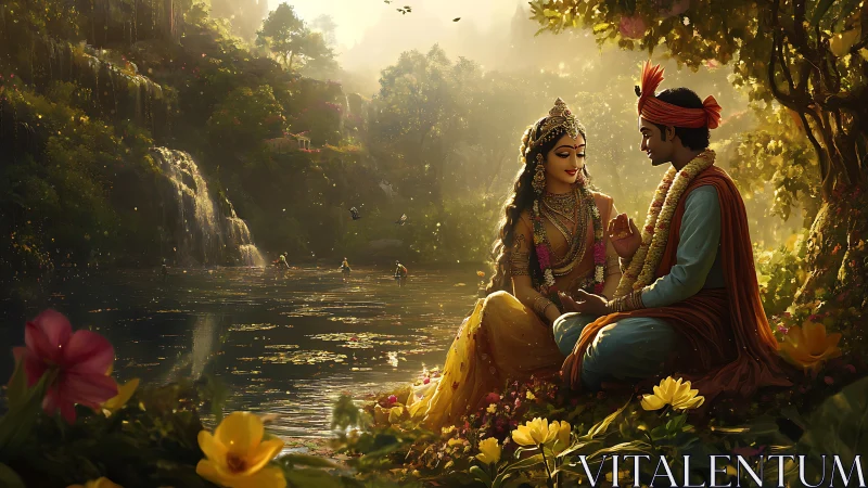 Divine lovers beside golden forest lake at sunrise.
