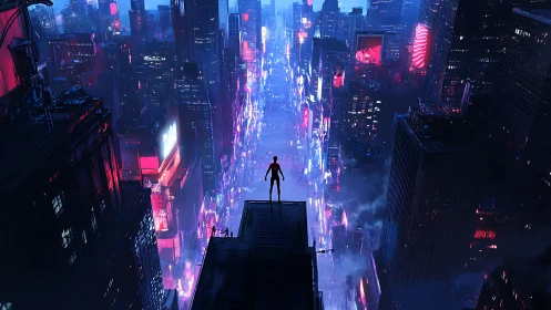 Lone figure surveys neon cyberpunk city in electric night haze