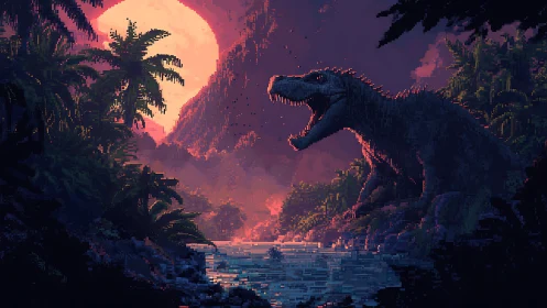 Roaring dinosaur dominates neon sunset over jungle river