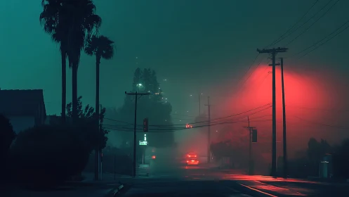 Nocturnal fog corridor with neon-lit vehicular perspective.