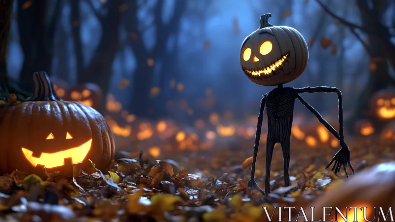 Luminescent pumpkin-headed figure in nocturnal forest tableau.