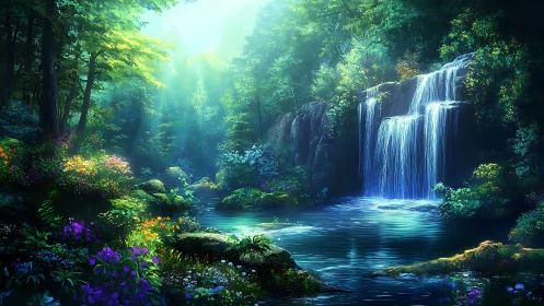 Cascading Waterfall Forest Sanctuary with Luminous Emerald Canopy.