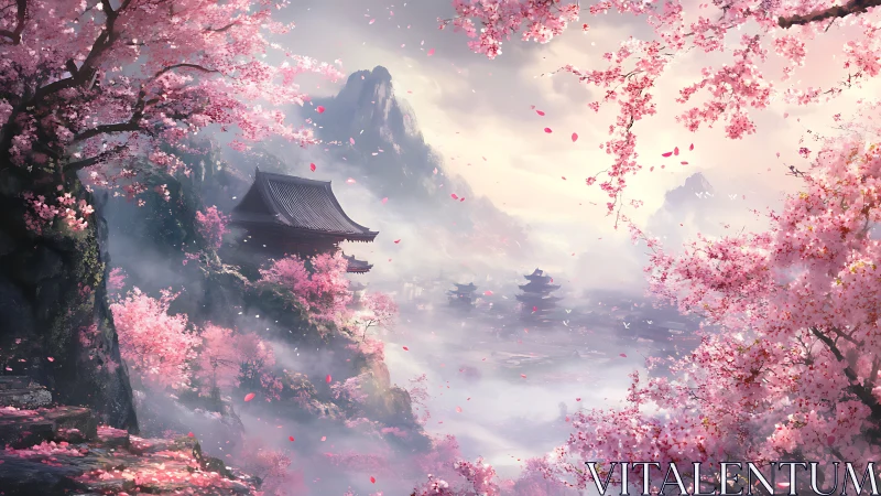 Petal-filled mountain temples glow softly in spring mist