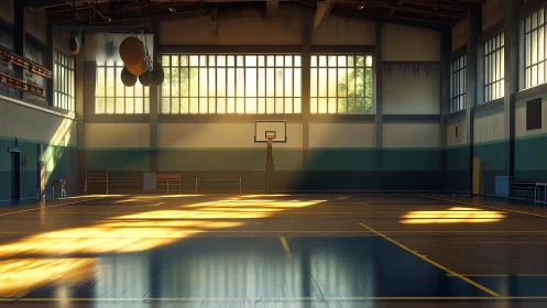 Quiet sunlit gymnasium interior with warm wooden court.