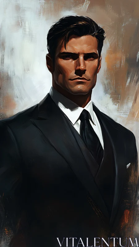 Commanding male portrait in tailored black suit, painterly light.