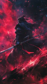Storm-lit warrior strides through swirling red embers of battle