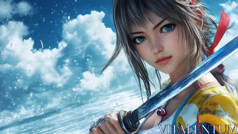 Anime warrior girl holds reflective katana against vivid seascape