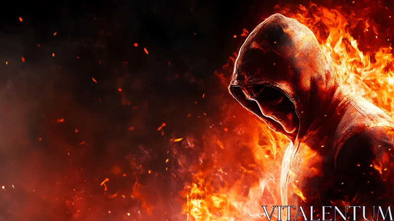 Hooded ember-walker bows through a storm of digital fire