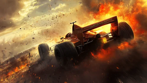 High-speed formula car cuts through explosive fiery debris field