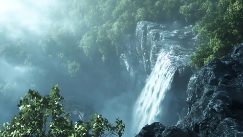 Forest waterfall descending over dark rocky cliff in mist.