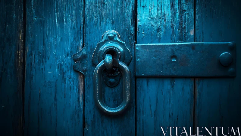 Weathered blue wooden door quietly guards its heavy metal lock