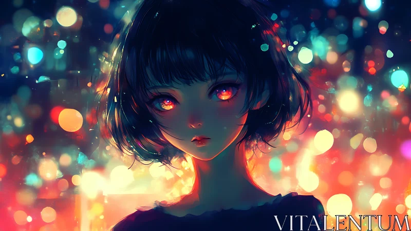 Digital portrait of girl with glowing eyes and bokeh lights.