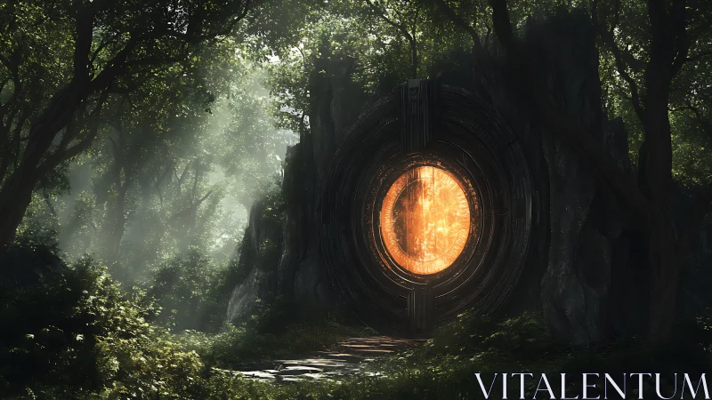 Luminescent circular portal embedded in dense forest rock face