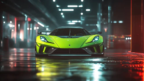 Neon hypercar frontal render in cinematic 3D night scene.