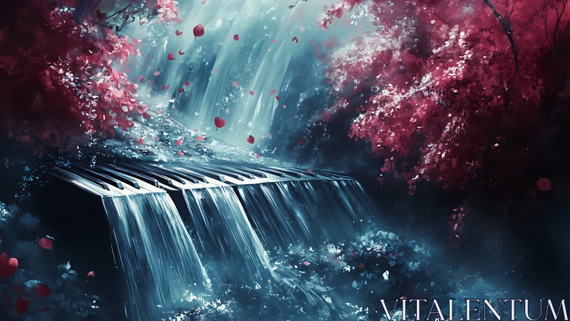 Piano waterfall merges music and mist in crimson forest.