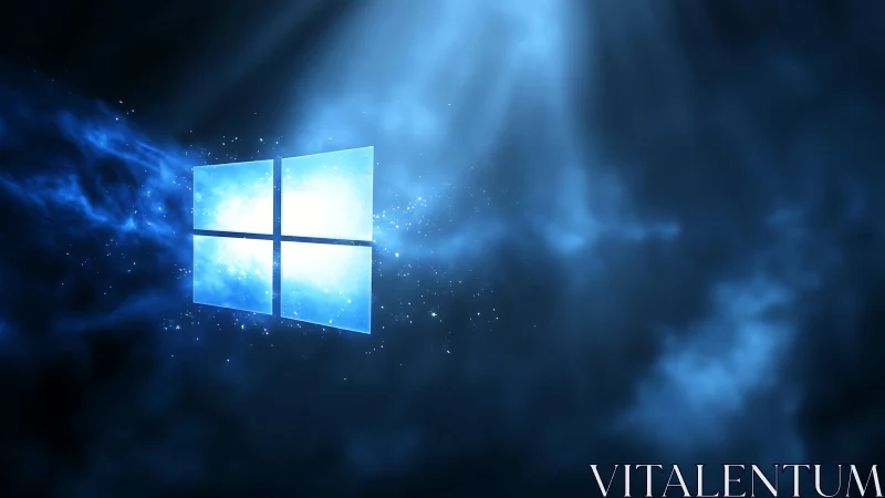 Glowing glass window logo in deep blue volumetric nebula field