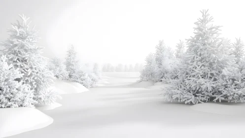 Snow-covered pine trees in a serene winter landscape, digital art.