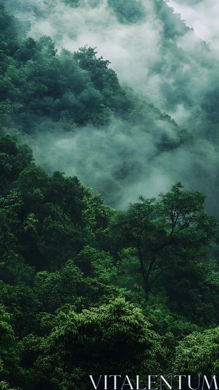Misty Mountain Landscape with Layered Vegetation and Atmospheric Fog
