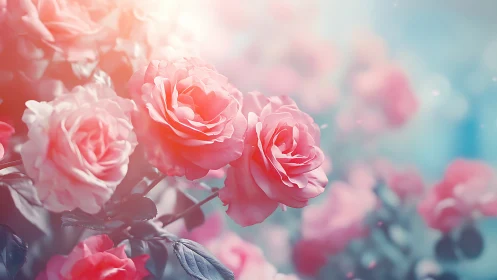 Pink roses photographed with shallow depth and backlit conditions