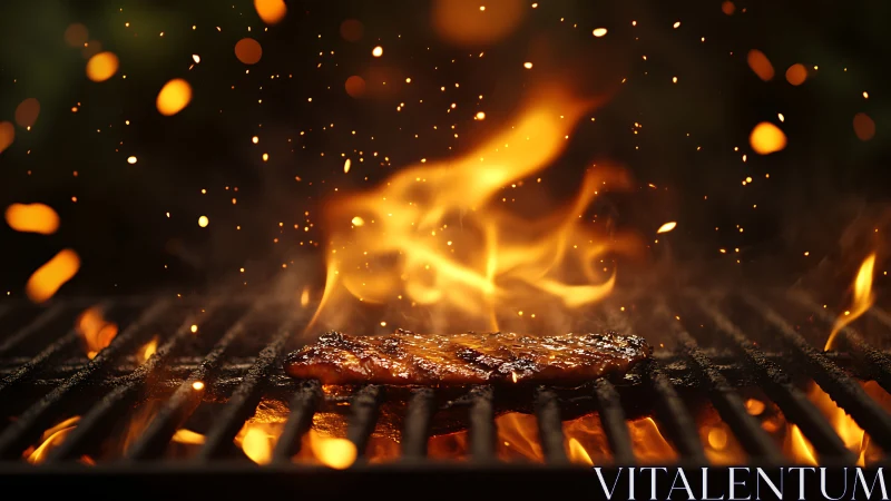 Grilled Steak Over Flames with Airborne Embers and Sparks.